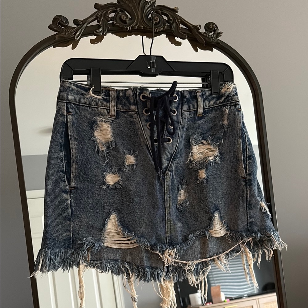 Signature8 Distressed Denim Mini Skirt - Blue